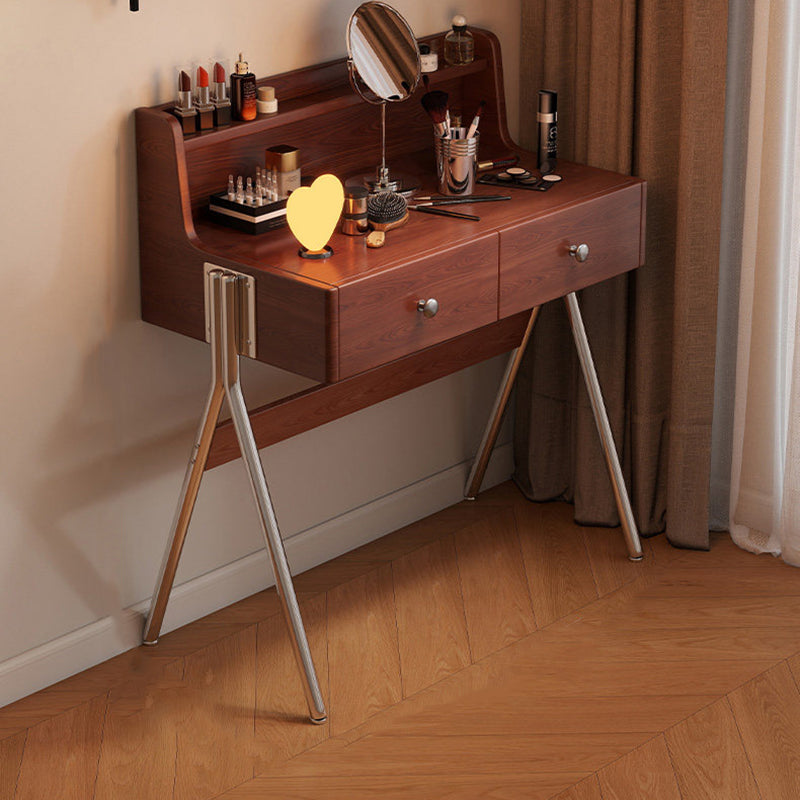 Contemporary Retro Rectangular Makeup Vanity in Rubberwood with Stainless Steel Hardware, 2-Drawer Bedroom Vanity
