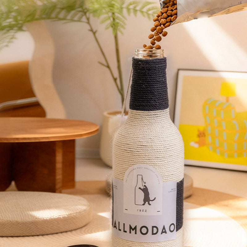 Stylish Modern Art Deco Wooden Cat Tower with Sisal Rope and Rotating Base – Wine Bottle Design for Living Room
