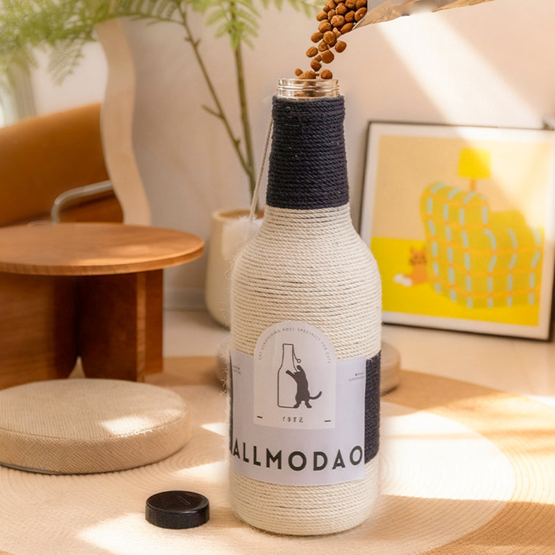 Stylish Modern Art Deco Wooden Cat Tower with Sisal Rope and Rotating Base – Wine Bottle Design for Living Room
