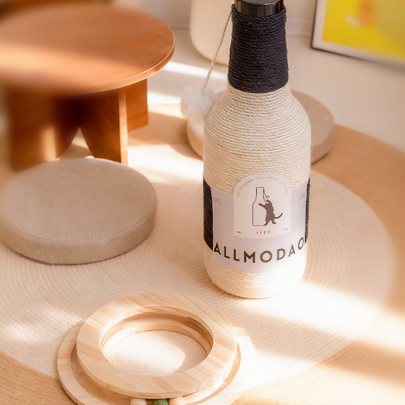 Stylish Modern Art Deco Wooden Cat Tower with Sisal Rope and Rotating Base – Wine Bottle Design for Living Room