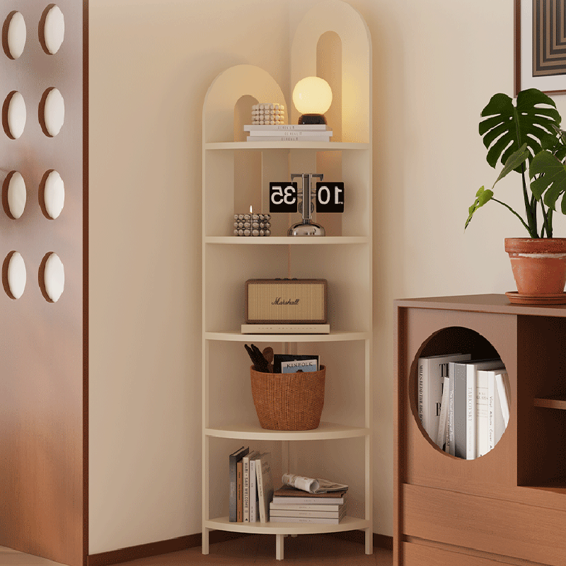 Traditional French Arched Iron Corner Shelf, Fan-Shaped, Floor-Standing 5-Tier Storage for Living Room