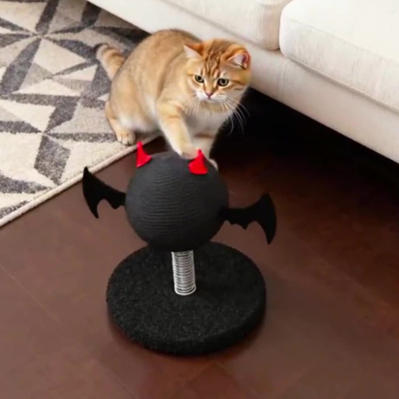 Modern Cartoon Devil Bat Cat Scratcher with Hemp Rope, Spring‑Mounted Scratching Post for Living Room