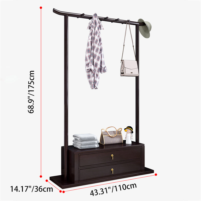 Traditional Chinese-Style Rectangular Hall Tree in Rubberwood Solid Wood with Pine Wood Multi-Layer Board, 2-Drawer Entryway Organizer