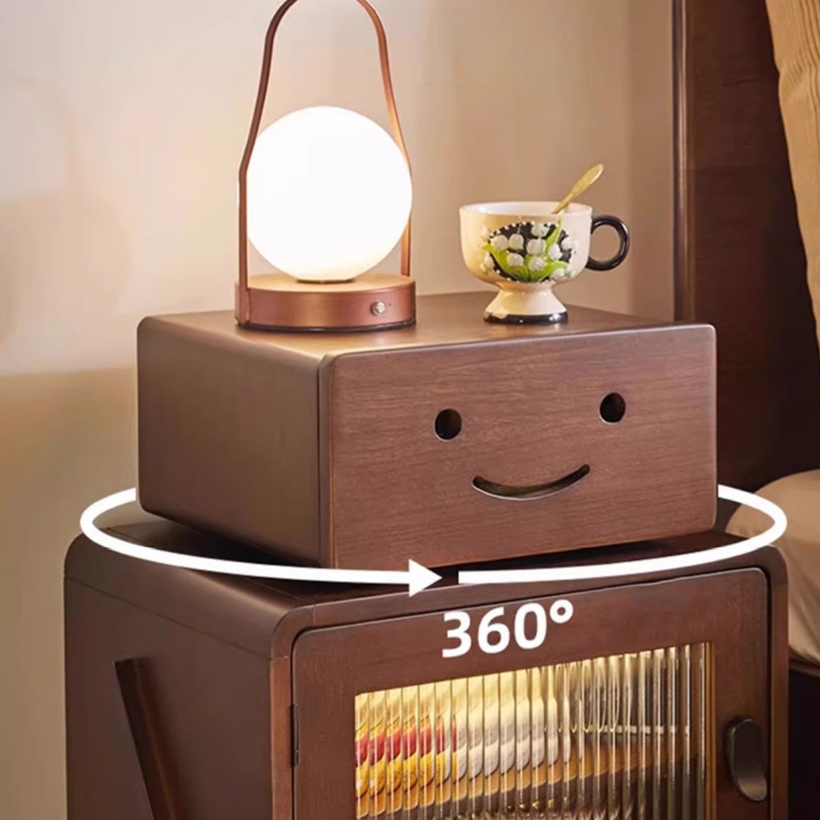 Contemporary Solid Wood & Glass Nightstand with a Rounded, Robot-Inspired Design and Two Storage Compartments for Bedroom or Living Room