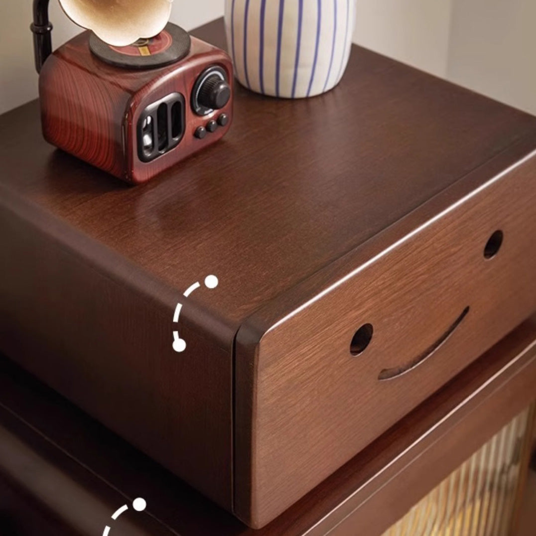 Contemporary Solid Wood & Glass Nightstand with a Rounded, Robot-Inspired Design and Two Storage Compartments for Bedroom or Living Room