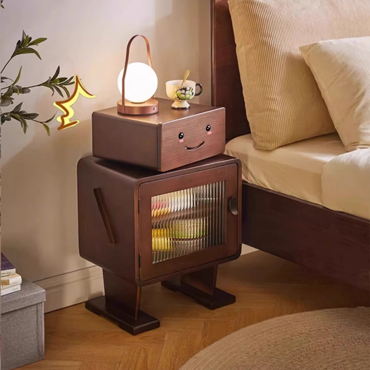 Contemporary Solid Wood & Glass Nightstand with a Rounded, Robot-Inspired Design and Two Storage Compartments for Bedroom or Living Room