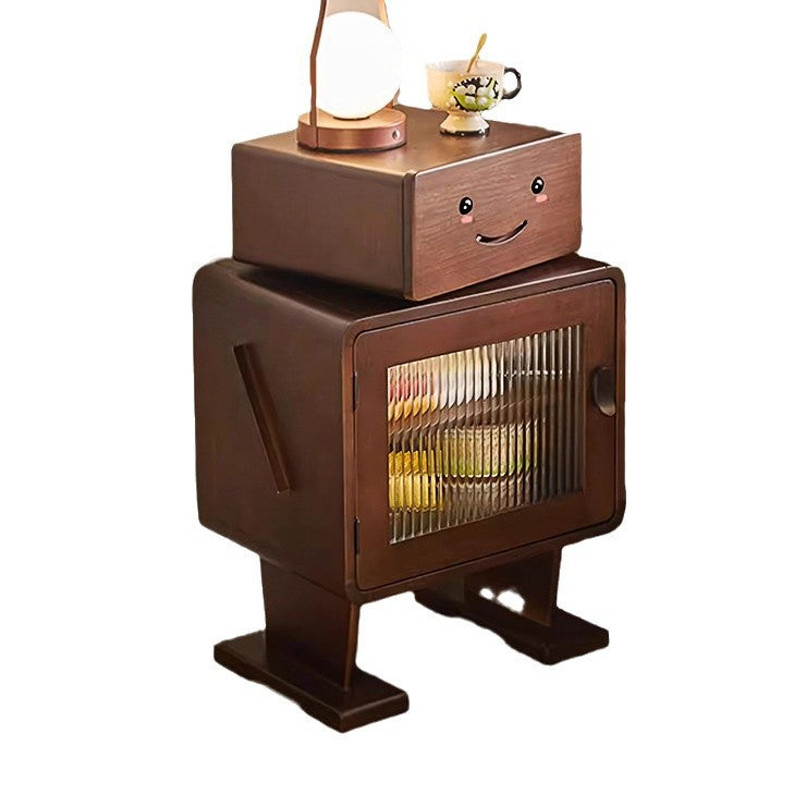 Contemporary Solid Wood & Glass Nightstand with a Rounded, Robot-Inspired Design and Two Storage Compartments for Bedroom or Living Room