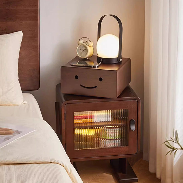 Contemporary Solid Wood & Glass Nightstand with a Rounded, Robot-Inspired Design and Two Storage Compartments for Bedroom or Living Room