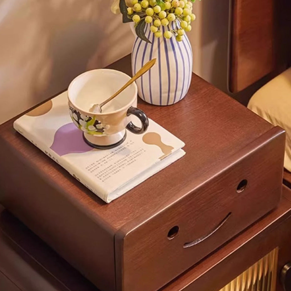 Contemporary Solid Wood & Glass Nightstand with a Rounded, Robot-Inspired Design and Two Storage Compartments for Bedroom or Living Room