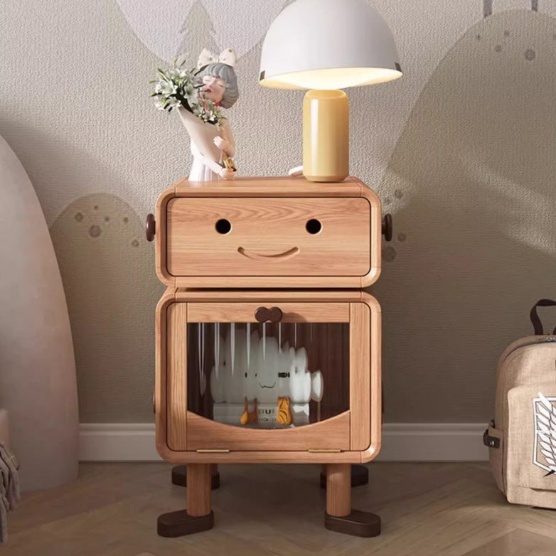 Modern Solid Wood Nightstand with Glass Cylinder Robot Design, 1-Drawer Bedroom Table