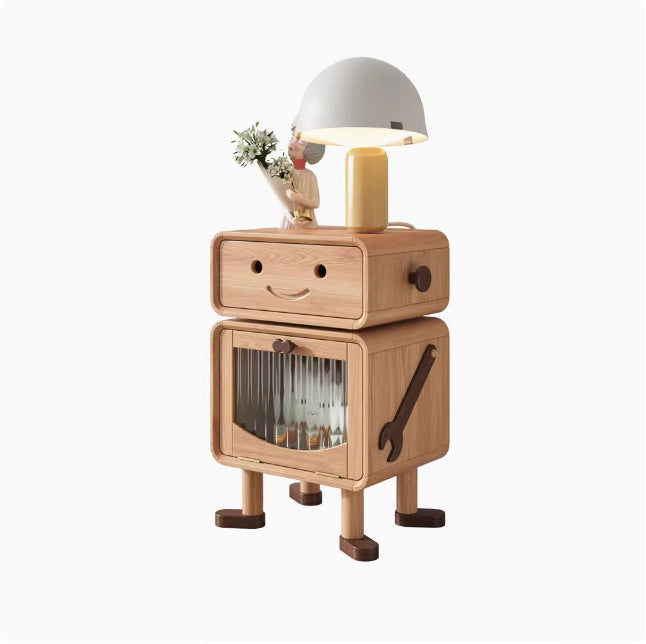 Modern Solid Wood Nightstand with Glass Cylinder Robot Design, 1-Drawer Bedroom Table