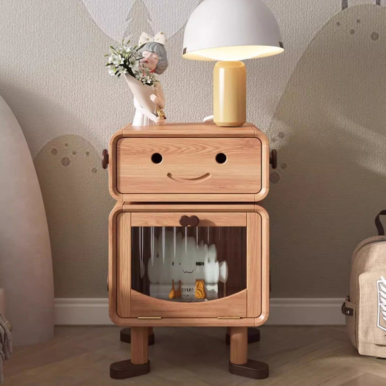Modern Solid Wood Nightstand with Glass Cylinder Robot Design, 1-Drawer Bedroom Table
