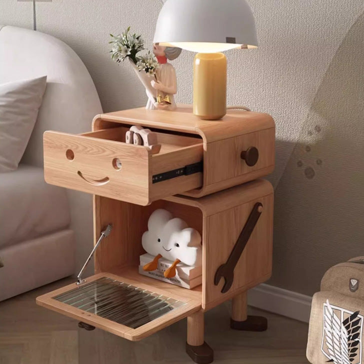 Modern Solid Wood Nightstand with Glass Cylinder Robot Design, 1-Drawer Bedroom Table