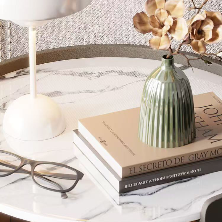 Contemporary Scandinavian Round Nightstand – Cylindrical Solid Wood Frame, Faux Leather Finish, 2-Drawer for Bedroom
