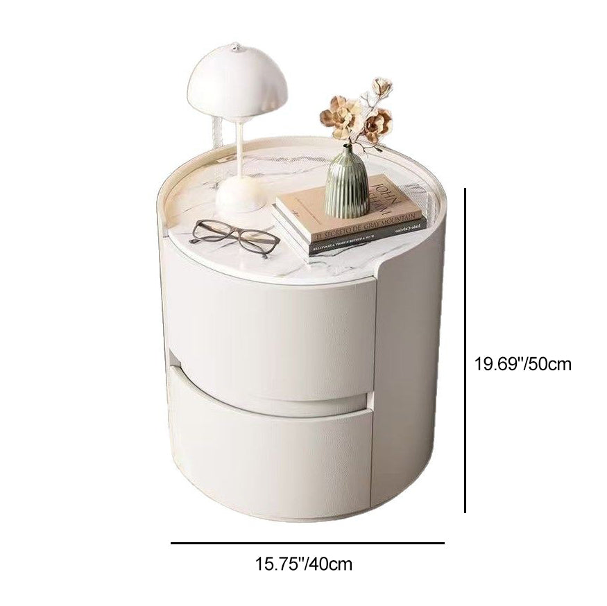 Contemporary Scandinavian Round Nightstand – Cylindrical Solid Wood Frame, Faux Leather Finish, 2-Drawer for Bedroom