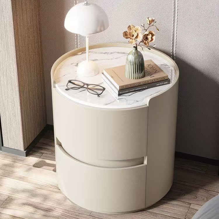 Contemporary Scandinavian Round Nightstand – Cylindrical Solid Wood Frame, Faux Leather Finish, 2-Drawer for Bedroom