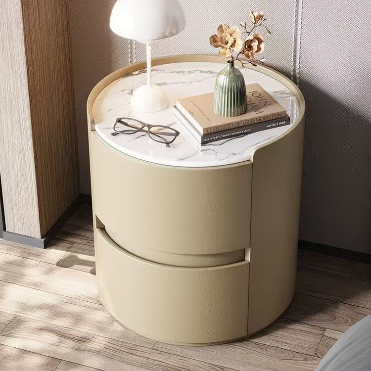 Contemporary Scandinavian Round Nightstand – Cylindrical Solid Wood Frame, Faux Leather Finish, 2-Drawer for Bedroom