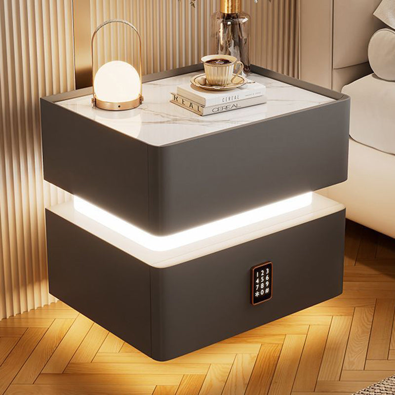 Modern Luxury Rock-Panel Nightstand with Tempered Glass, Microfiber Leather, Solid Wood, Rounded Edges, 2-Drawer for Bedroom