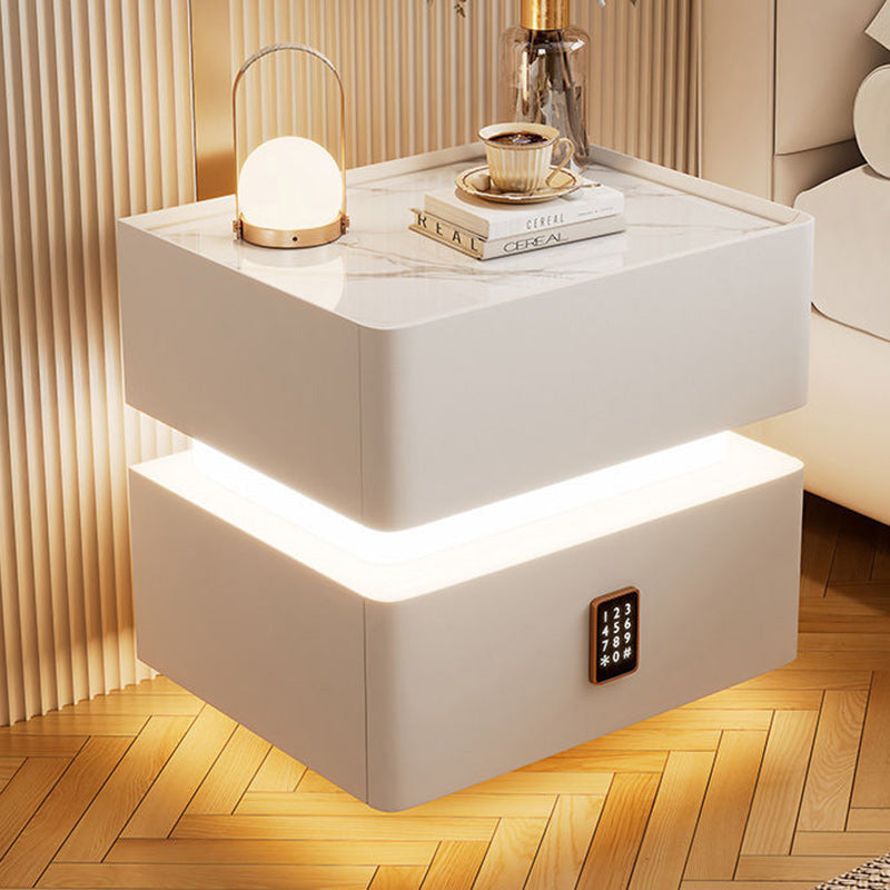 Modern Luxury Rock-Panel Nightstand with Tempered Glass, Microfiber Leather, Solid Wood, Rounded Edges, 2-Drawer for Bedroom