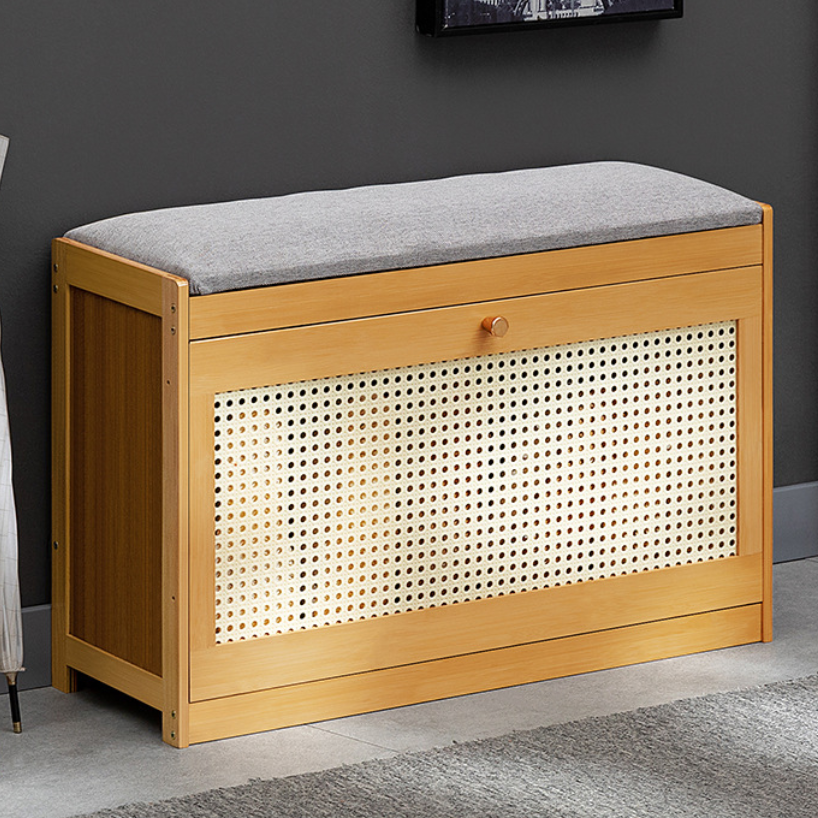 Traditional Japanese Bamboo Ventilated Shoe Bench – Rectangular ABS Construction with Linen Finish for Entryway & Living Room