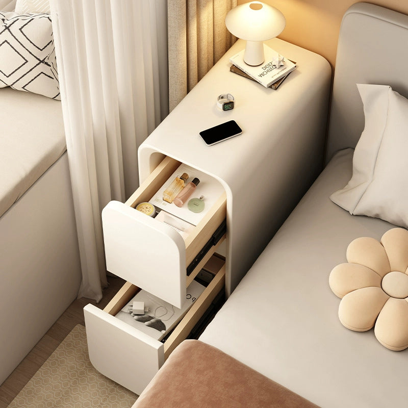 Contemporary Minimalist Nightstand – Microfiber Leather, Solid Wood & Metal, Rounded-Rectangle Design with 2 Drawers for Bedroom