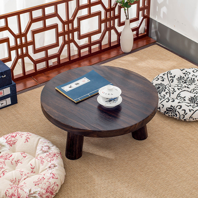Traditional Japanese Solid Wood Round End Table, 1-Tier Cylindrical Design for Living Room