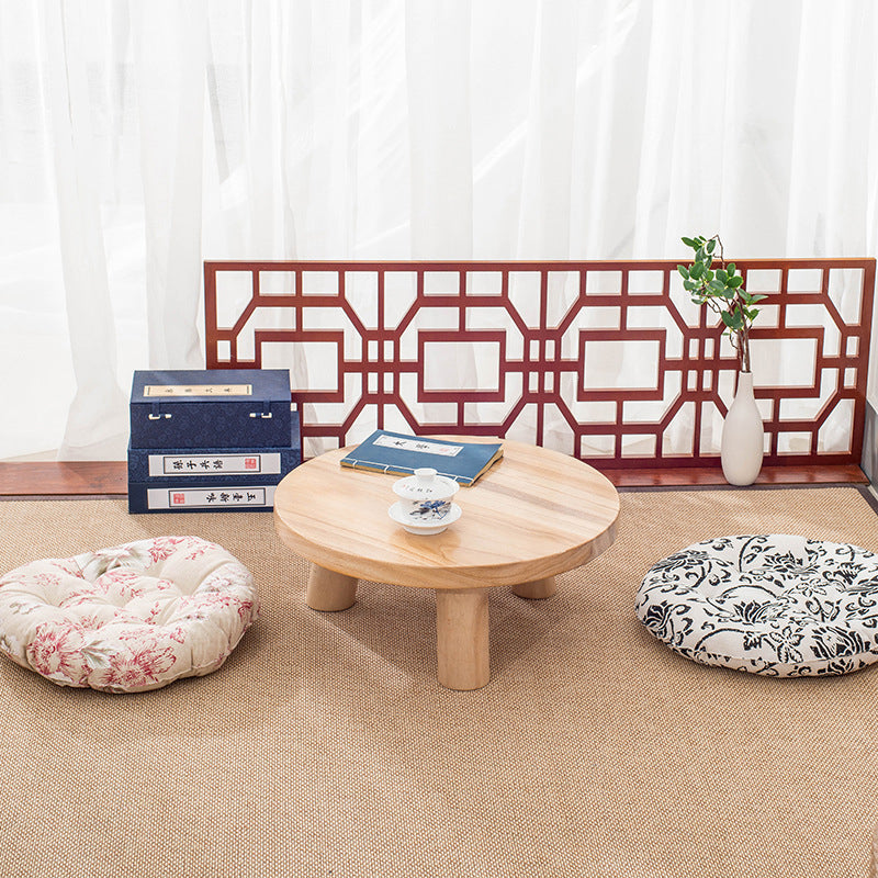 Traditional Japanese Solid Wood Round End Table, 1-Tier Cylindrical Design for Living Room
