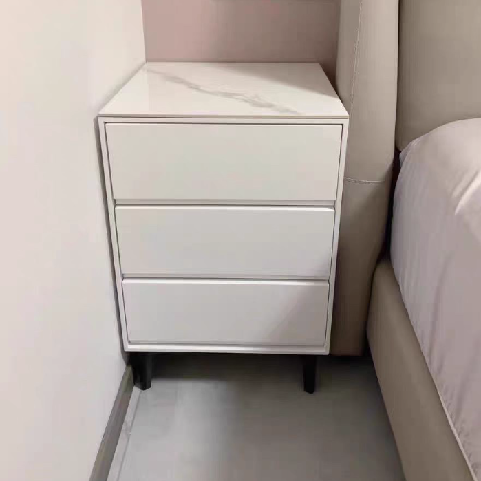 Modern Luxury Nightstand β Solid Wood with Sintered Stone Top and Metal Frame, Rectangular 3-Drawer Bedroom Table
