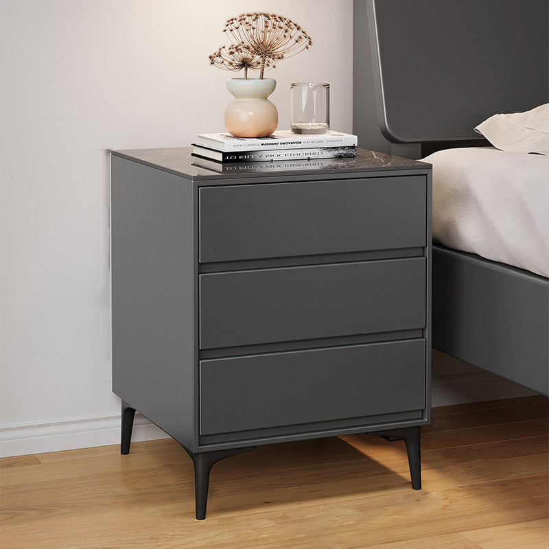 Modern Luxury Nightstand β Solid Wood with Sintered Stone Top and Metal Frame, Rectangular 3-Drawer Bedroom Table