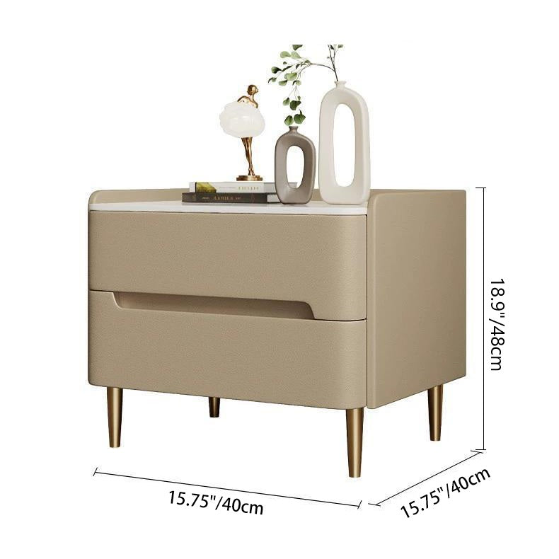 Contemporary Scandinavian Nightstand with Sintered Stone, Cat-Scratch Leather, Solid Wood & Stainless Steel – Rounded Square-Cylinder Design with 2 Drawers for Bedroom