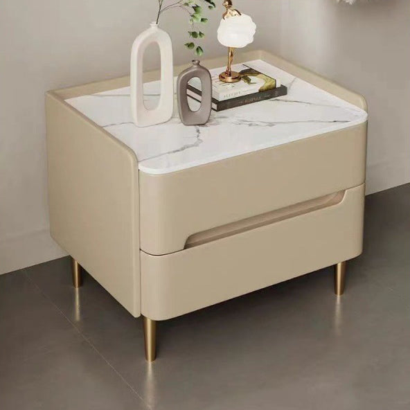 Contemporary Scandinavian Nightstand with Sintered Stone, Cat-Scratch Leather, Solid Wood & Stainless Steel – Rounded Square-Cylinder Design with 2 Drawers for Bedroom