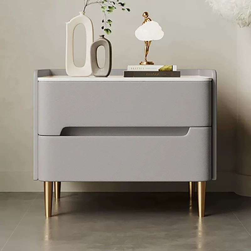 Contemporary Scandinavian Nightstand with Sintered Stone, Cat-Scratch Leather, Solid Wood & Stainless Steel – Rounded Square-Cylinder Design with 2 Drawers for Bedroom