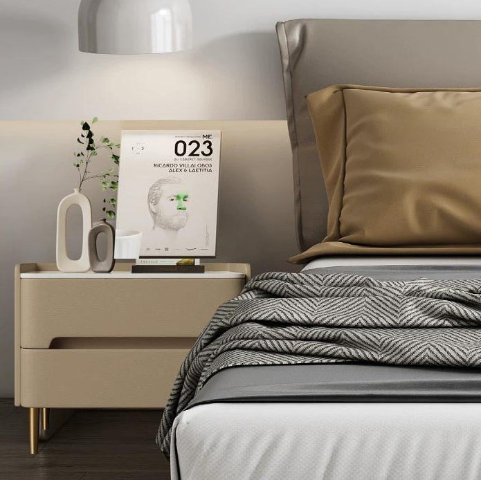 Contemporary Scandinavian Nightstand with Sintered Stone, Cat-Scratch Leather, Solid Wood & Stainless Steel – Rounded Square-Cylinder Design with 2 Drawers for Bedroom