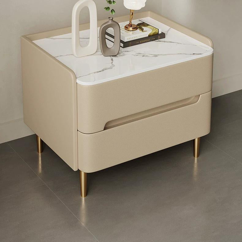 Contemporary Scandinavian Nightstand with Sintered Stone, Cat-Scratch Leather, Solid Wood & Stainless Steel – Rounded Square-Cylinder Design with 2 Drawers for Bedroom
