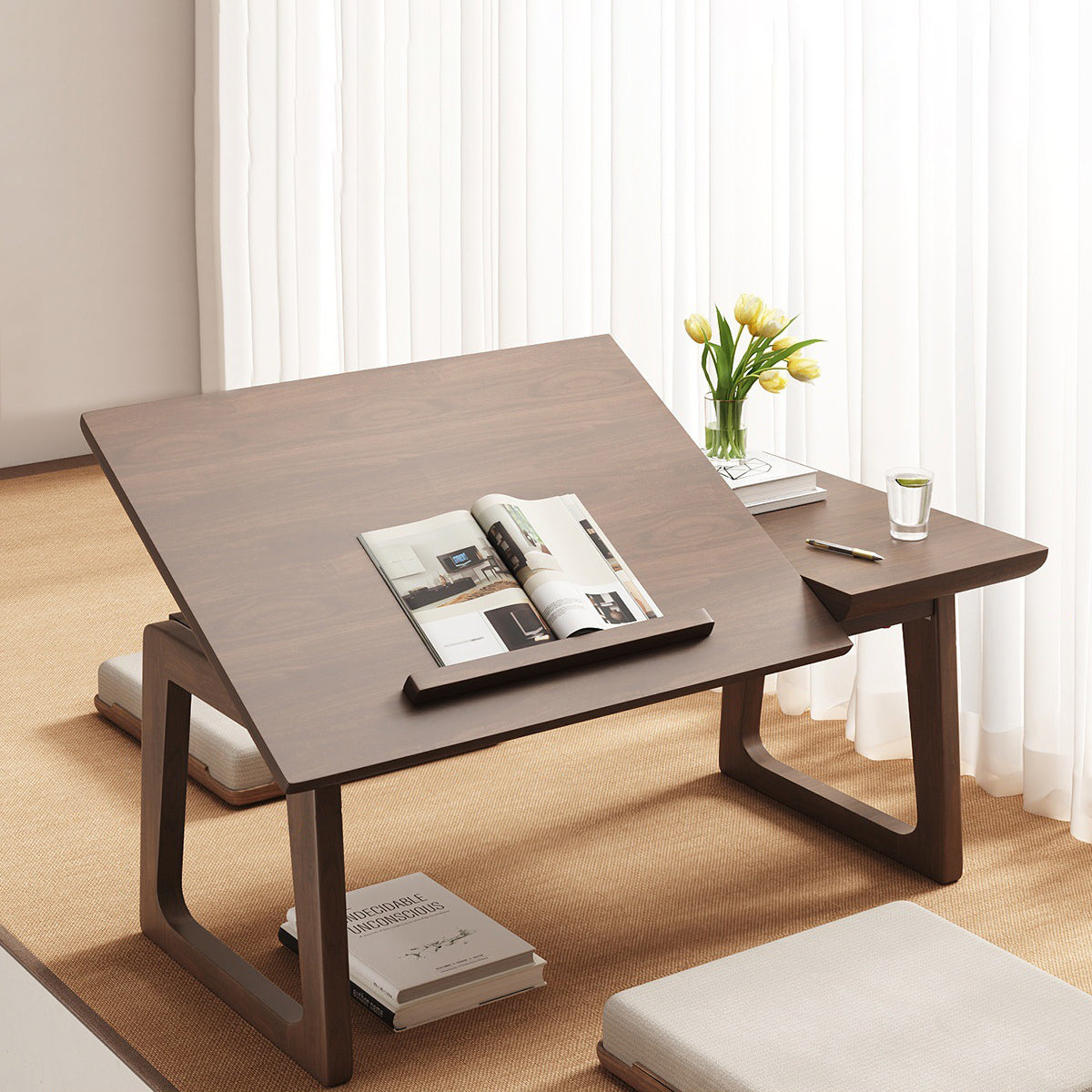 Traditional Japanese Solid Wood Foldable Rectangle Side Table — One-Tier for Living Room