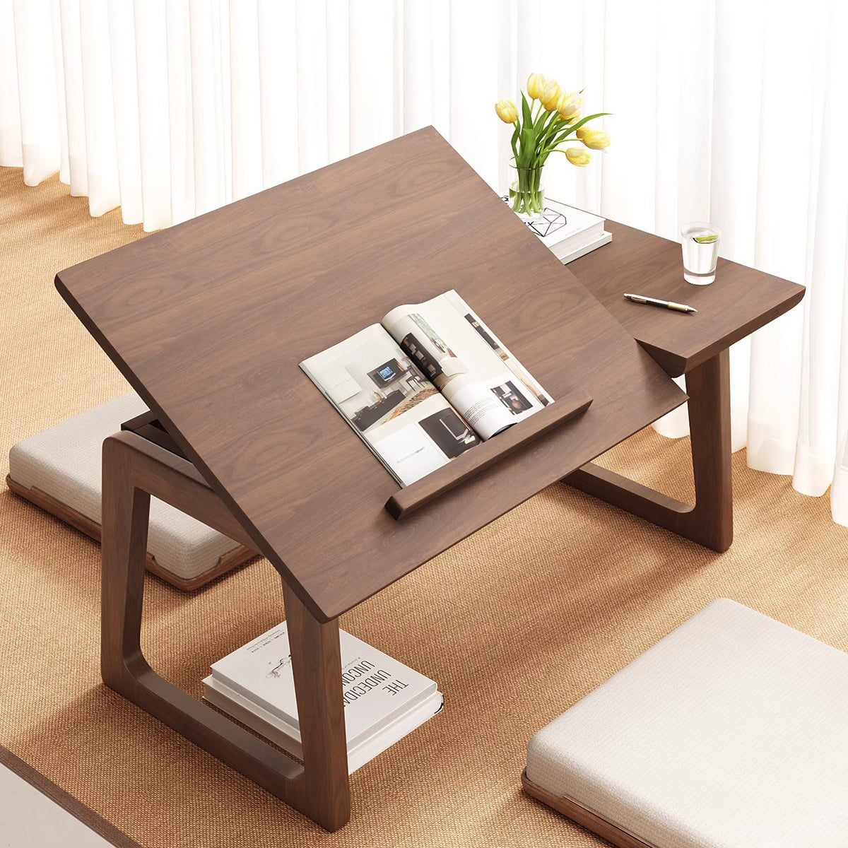 Traditional Japanese Solid Wood Foldable Rectangle Side Table — One-Tier for Living Room