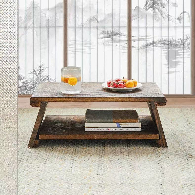 Elegant Traditional Japanese Solid Wood 2-Tier Rectangle Coffee Table for Living Room