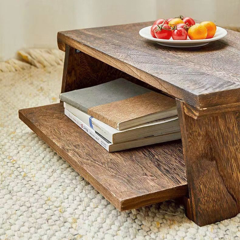 Elegant Traditional Japanese Solid Wood 2-Tier Rectangle Coffee Table for Living Room