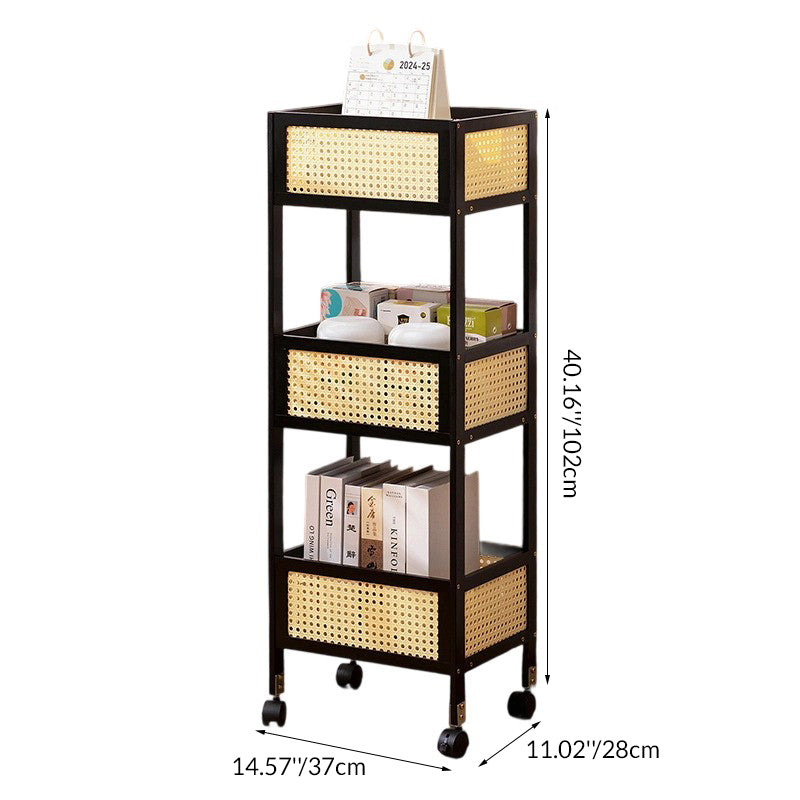 Sleek Modern Minimalist Bamboo Rattan Mobile Storage Shelf — Rectangular 3-Shelf Design for Living Room