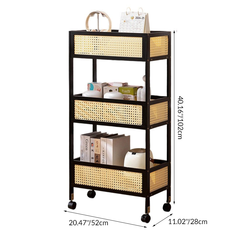 Sleek Modern Minimalist Bamboo Rattan Mobile Storage Shelf — Rectangular 3-Shelf Design for Living Room
