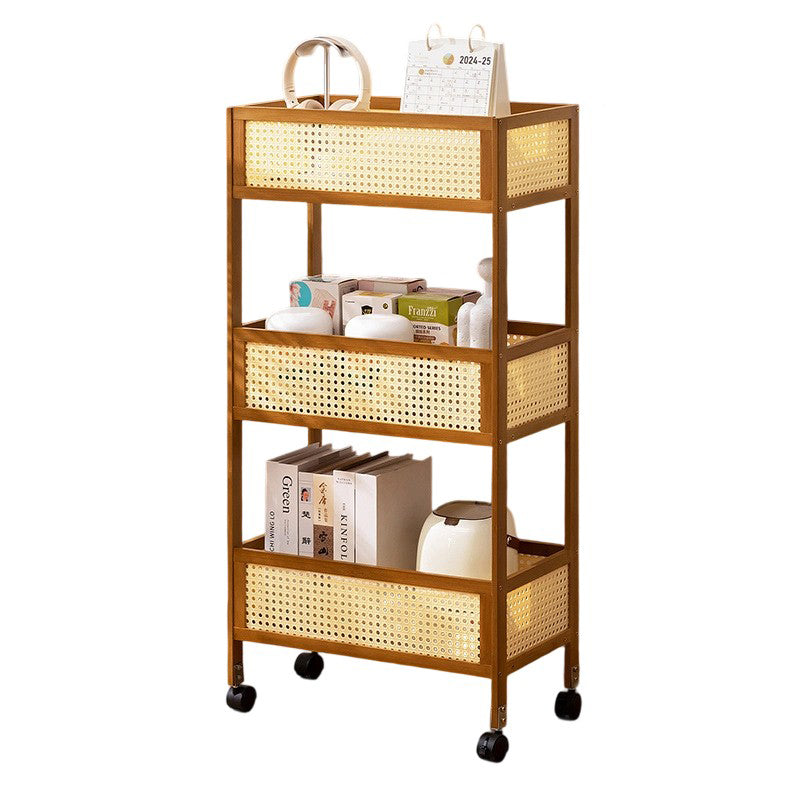 Sleek Modern Minimalist Bamboo Rattan Mobile Storage Shelf — Rectangular 3-Shelf Design for Living Room