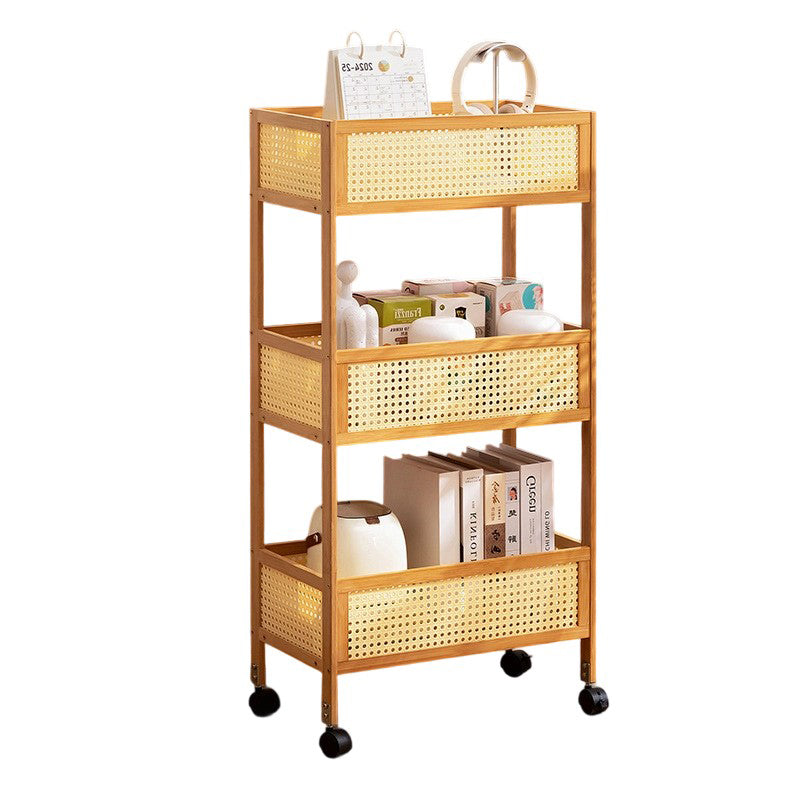 Sleek Modern Minimalist Bamboo Rattan Mobile Storage Shelf — Rectangular 3-Shelf Design for Living Room