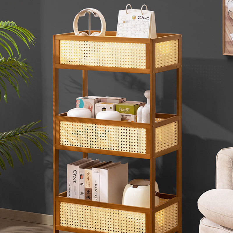 Sleek Modern Minimalist Bamboo Rattan Mobile Storage Shelf — Rectangular 3-Shelf Design for Living Room
