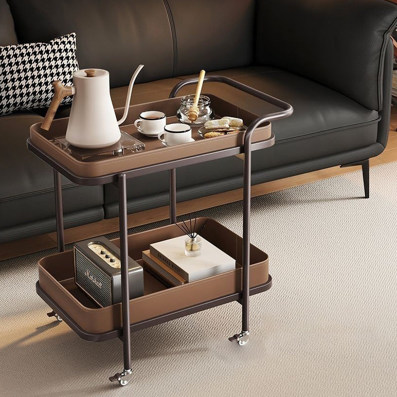 Contemporary Scandinavian-Style Movable Side Table in Saddle Leather & Carbon Steel, 2-Tier Cylindrical-Frame with Rectangular Top for Living Room