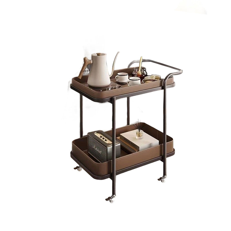 Contemporary Scandinavian-Style Movable Side Table in Saddle Leather & Carbon Steel, 2-Tier Cylindrical-Frame with Rectangular Top for Living Room