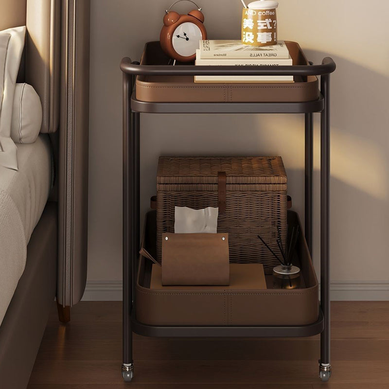 Contemporary Scandinavian-Style Movable Side Table in Saddle Leather & Carbon Steel, 2-Tier Cylindrical-Frame with Rectangular Top for Living Room