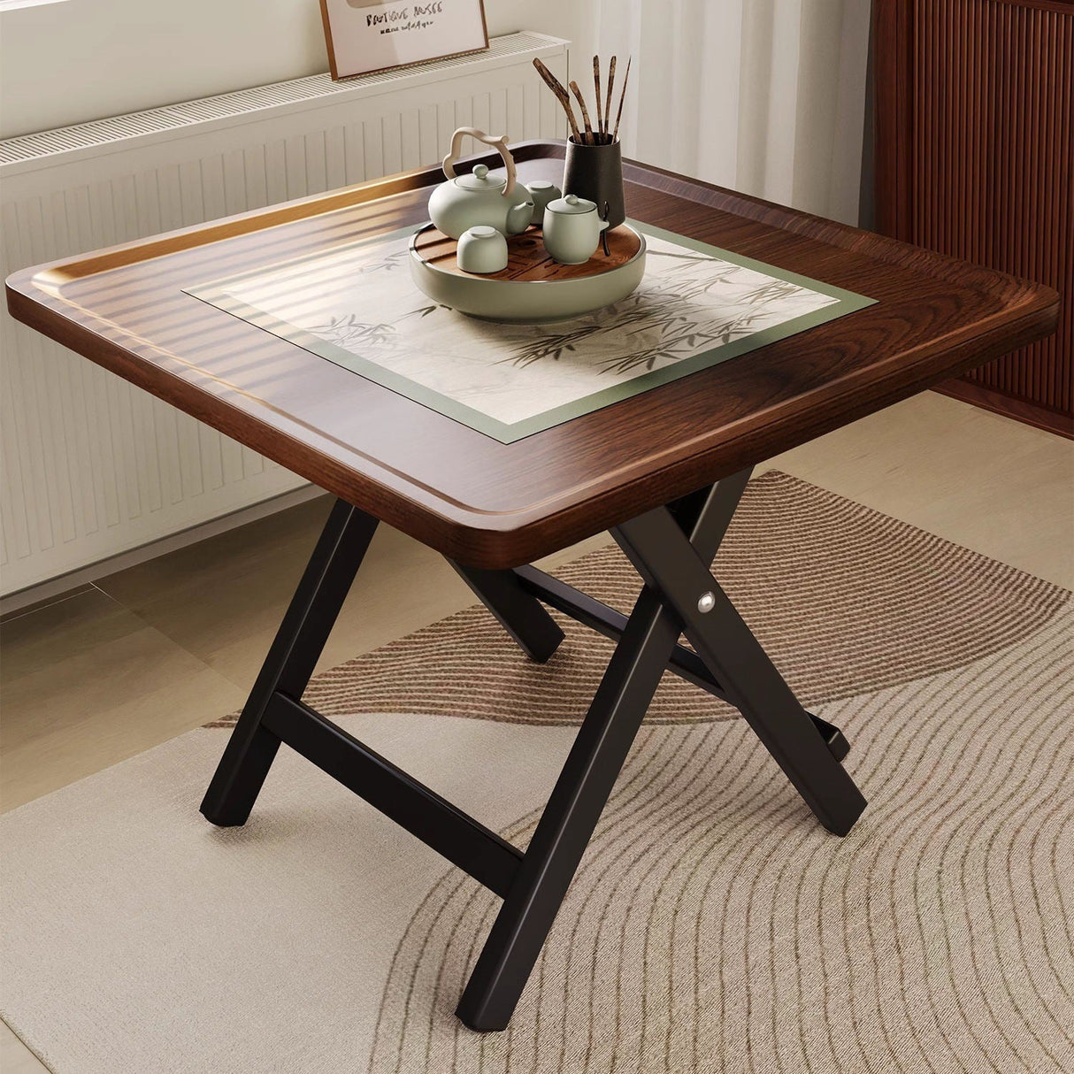 Elegant Traditional Vintage MDF Folding Dining Table with Iron Frame — Rounded-Square, 1-Tier for Dining Room