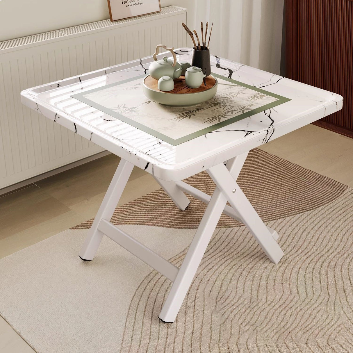 Elegant Traditional Vintage MDF Folding Dining Table with Iron Frame — Rounded-Square, 1-Tier for Dining Room