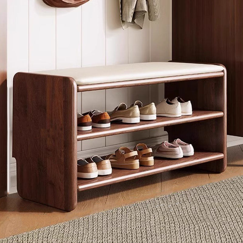 Modern Minimalist Solid Wood PU Leather Rounded-Rectangle 2-Tier Shoe Bench for Living Room – Sleek Storage and Seating