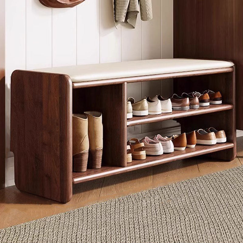 Modern Minimalist Solid Wood PU Leather Rounded-Rectangle 2-Tier Shoe Bench for Living Room – Sleek Storage and Seating